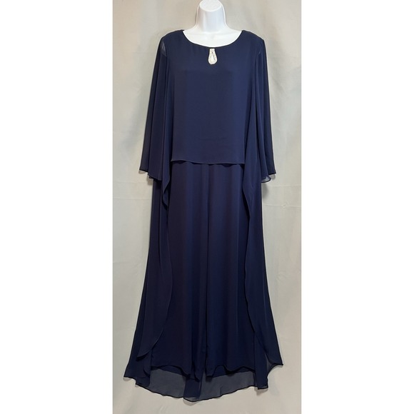MARINA Pants - Marina Chiffon Jumpsuit: Embellished Keyhole, Boat Neck, 3/4 Sleeves, Sz 14 Blue